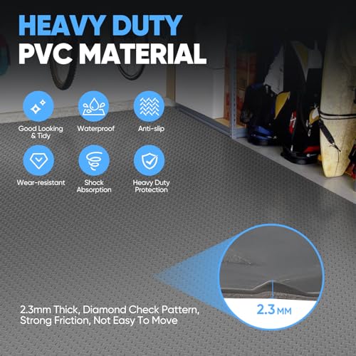 7.5 X 17 FT Rubber Garage Floor Mat, Diamond Plate PVC Mats Thickened Garage Flooring Roll for Under Car, Parking Mat Heavy Duty Non-Slip Protector, for SUV, Trailer, Gym, Shed, Basement (Grey)