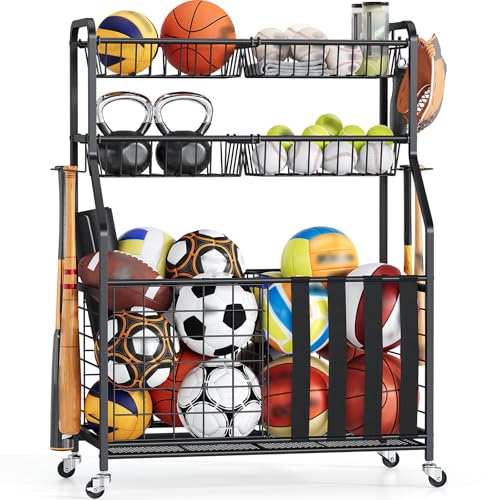 APEXCHASER Heavy Duty Sports Equipment Organizer, Garage Ball Storage Rack with Baskets & Hooks, Ball Organizer for Garage, Rolling Storage Cart for Basketball, Soccer Balls, Toys & Outdoor Gear