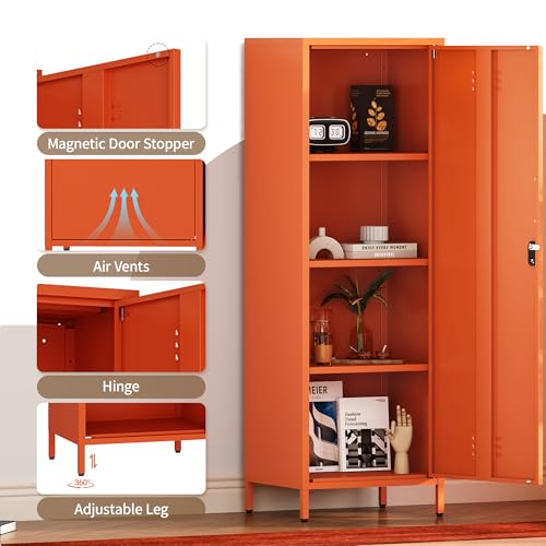 Metal Locker Storage Cabinets 59.06"H Orange Locking File Cabinets Kitchen Food Pantry Cabinet with 2 Doors and Shelves for Dining Room, Living Room,Bathroom Office,Home,Garage, Gym, School