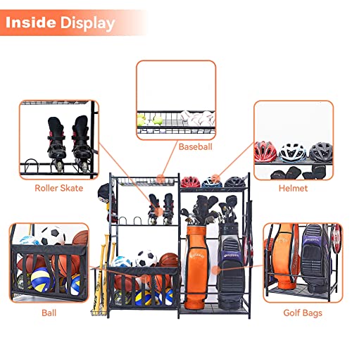 WALMANN Garage Sports Equipment Organizer, Golf Bag Stand for Garage Ball Storage Rack Indoor/Outdoor Kids Toys Storage Organizer Bins, Ball Holder with Baskets