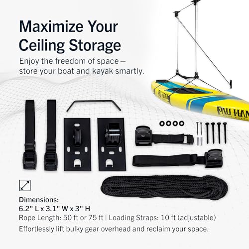 StoreYourBoard Kayak and Canoe Ceiling Hoist – Overhead Garage Storage Rack for Kayaks, Canoes, and Paddle Gear – Heavy Duty Pulley System Indoor Ceiling Mount – Holds 150 lbs, 10 to 14 ft High Spaces