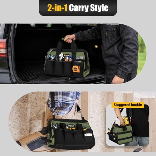 UUP Heavy Duty Tool Bag 15-Inch, 16-Pocket Portable Empty Tool Box Organizer, Big Storage Toolbox Organization, Soft Handle Large Zipper Carrying Toolbag, Father Day Gifts for Him Dad Men, Green