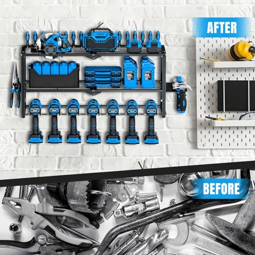 SecureElastic Heavy Duty Power Tool Organizer Wall Mount - 3 Tier Metal Tool Rack with 7 Drill Holders, 300LB Capacity for Garage, Workshop, Pegboard Storage