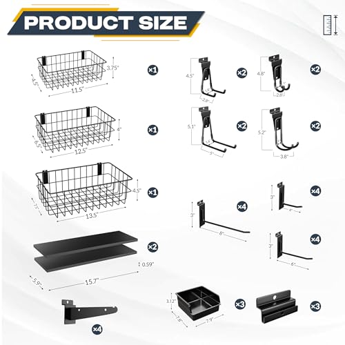 35Pcs Slatwall Accessories Kit, with Slatwall Hooks, Baskets, Shelves, Bins, Heavy Duty Slat Wall Accessory for Garage Organization, Workshop & Utility Room