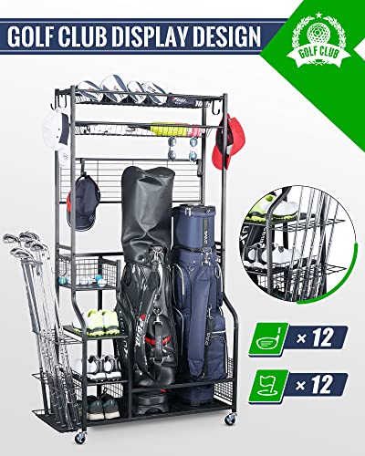 Mythinglogic Golf Club Storage Rack - 2 Golf Bags Stand and Golfing Equipment Accessories Storage Organizer with 4 Removable Hooks, Metal Black Golf Rack for Garage