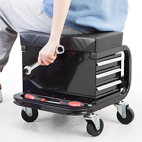 Big RED Rolling Creeper Garage/Shop Seat with Three Built-in Drawers, Rolling Tool Chest,Black,APD2016AR