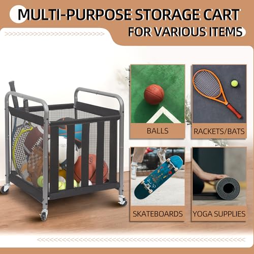 STORAGE MANIAC Ball Storage Bin Rolling Sports Ball Cart, Metal Garage Organizer Sport Rack Basketball Storage Cage for Garage or Gym, Indoor & Outdoor Sports Equipment Organizer 1 Pack