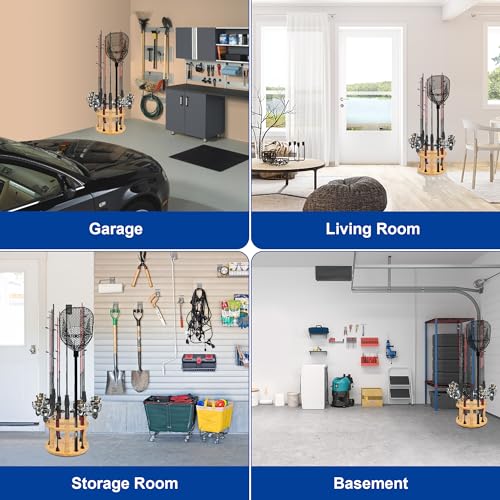 NBINGB Fishing Rod Holders for Garage 360 Degree Rotating Fishing Pole Rack, Floor Stand Holds up to 12 Rods Bamboo Wood Fishing Gear Equipment Storage Organizer, Fishing Gifts for Men