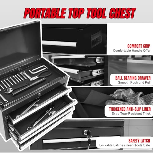 BIG RED 5-Drawer Rolling Tool Chest: Metal Tool Box with Wheels, Removable Top Tool Box, Liner, Adjustable Shelf and Locking Mechanism for Garage Workshop,Black