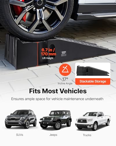 VEVOR Car Ramps, 2 PCS 16000 lbs GVW Capacity, 6.7 in Lift Height, Portable High Profile Car Service Ramps for Home Garage Maintenance and Oil Changes, Heavy Duty for Truck SUV Vehicle Repair, Black