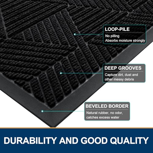 Smiry Front Door Mat Outside Entrance, Heavy Duty Sturdy Natural Rubber Doormat, Trap Dirt and Moisture, Easy Clean Low Profile Mats for Indoor Outdoor Entry, Irregular Triangle (29.5x17, Black)