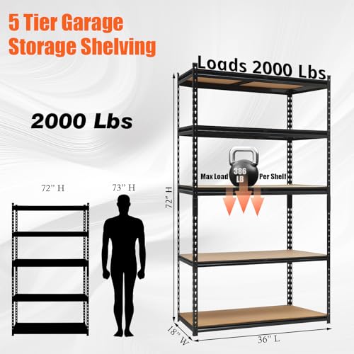 36x18x72 Heavy Duty Garage Storage Shelves,5-Tier Adjustable Metal Shelving Units, 2500 LBS Load Capacity Industrial Utility Storage Racks for Warehouse Pantry Shed Basement Garage Organization