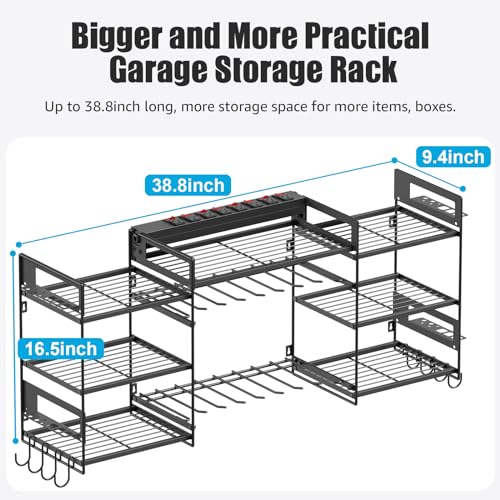 CCCEI Black Power Tool Organizer Wall Mount, Large Tools and Battery Storage Rack Charging Station Individual Switches. Drills Holder, Garage Utility Shelves with 10FT Power Strip. Gift for Men.