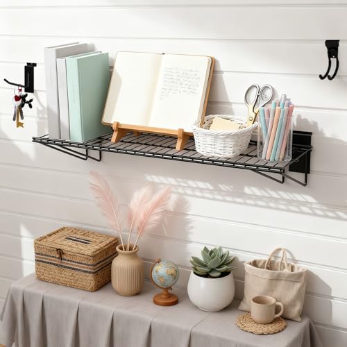 LYYUWE 20PCS Slatwall Accessories Set, Includes 2 Pack Slatwall Wire Shelves (24 inches Width) and 18 Pack Heavy Duty Multisize Slatwall Hooks for Garage Organization, Retail Display (24 Inch)