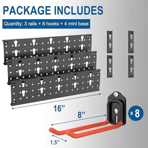 Wallmaster Wall Mount Garage Organizer Tool Storage Rack, Heavy Duty Folding Chair Hangers with 8 Adjustable Hooks, 48-inch Tracks, Max Load 300lbs