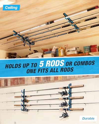 Ghosthorn Fishing Rod Holders for Garage Fishing Pole Holders Ceiling or Wall Mounted Rod Rack Garage Storage Organizer Fishing Gear Equipment for Men Women (Blue, 2 Packs)