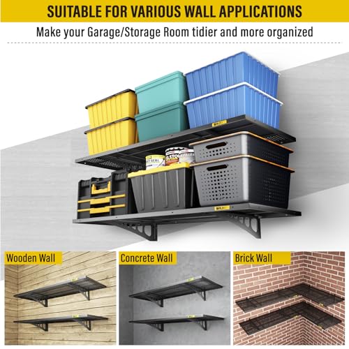 Brukid 2Pack 1.64x4ft Adjustable Metal Garage Wall Shelving Heavy Duty Garage Storage Shelf Wall Mounted Black