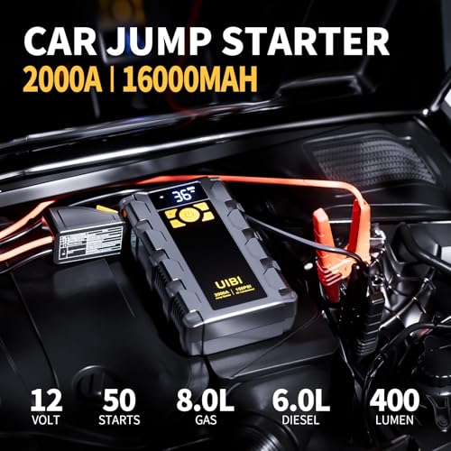 UIBI X5 Car Jump Starter 2000A with Built-in 150PSI Tire Inflator,16000mAh Power Bank & SOS Light for 8.0L Gas/6.0L Diesel Car Truck RV Road Trip Emergency