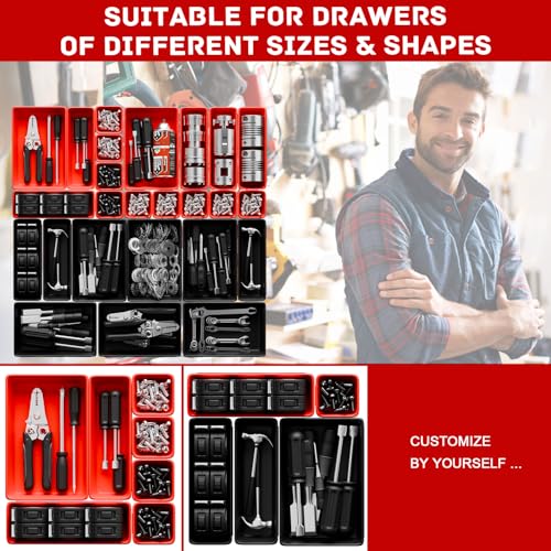 Vexercisehoop Toolbox Organizer Trays, Tool Chest Drawer Organizer with Non-Slip EVA Pads – 47pcs Red and Black Interlocking Trays for Workbench, Rolling Tool Cart, Garage