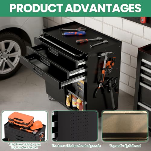 VIYET Garage Storage Cabinet, Metal Rolling Tool Cabinet with 2 Pegboard and 10 Hook, Heavy Duty Mechanics Tool Chest Storage for Workshop, Basement, Warehouse, Include Workbench Liner, Black