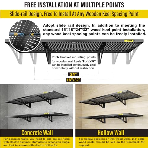 Aecxm 2-Pack 1.64x4ft Adjustable Garage Wall Shelving 560lbs Load Capacity Heavy Duty Wall Mounted Storage Shelf Metal Floating Shelves for Garage(Black)