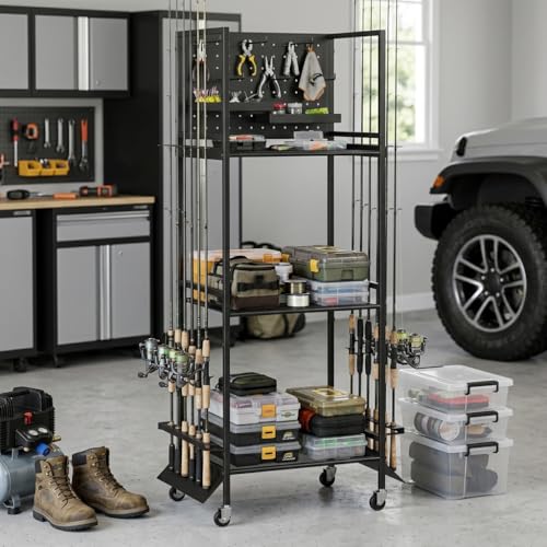 GloCryp 12-Rod Fishing Pole Holders for Garage, 3-Shelf Fishing Rod Holder with Pegboard and Trays, 360° Rotatable, Rolling Fishing Storage Cart with Wheels for Tackle Box & Fishing Gear Organization