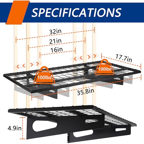 Soywey 2-Pack 1.5x3FT Garage Shelving 17.7-inch-by-35.8-inch Wall Shelf Garage Storage Rack Wall Mounted Floating Shelves, Black