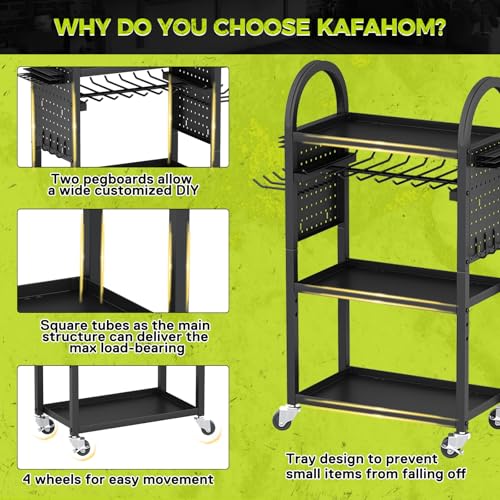 KAFAHOM Power Tool Organizer Cart with Charging Station,Garage Floor Rolling Storage on Wheels for Mechanic,Mobile 8 Drill Holder, Utility Cart with Battery Charging 8 Outlet Power Strip