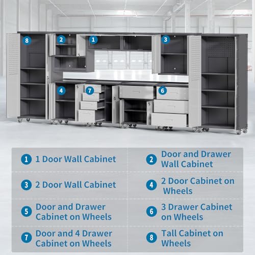 FLIXELIO Garage Storage Cabinets System 10 PCS Workshop Set with Drawers Locking Heavy Duty Rolling Cart with Adjustable Shelves Garage Tool Workbench Cabinets (10 PCS)