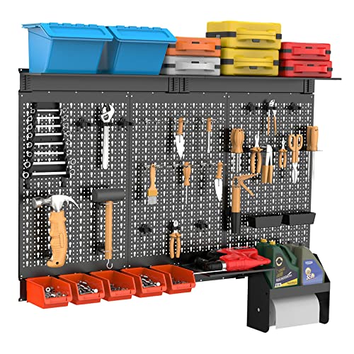 TORACK Metal Pegboard Wall Organizer 4ft Wide, Tool Storage Pegboard System for Garage with Accessories, Wall Mount Storage Bins, Shelves, Peg board Tool Organizer Kit for Workbench(Black)