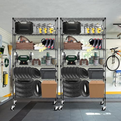 BolDuck 6 Tier Storage Shelves with Wheels, 2100lbs Capacity Heavy Duty Shelving Units, 14x36x75inch Adjustable Metal Shelf Wire Shelving Rack for Garage, Kitchen, Office, Black