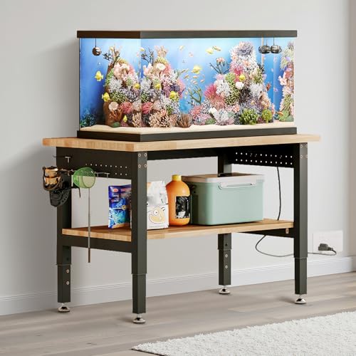 Albott 48" Adjustable 2-Tier Workbench with Solid Wood Top, Max 2500lbs Capacity, Built-in Power Strip with 4 AC Outlets & 2 USB Ports, Pegboard & 20 Hooks, Shop Garage Office