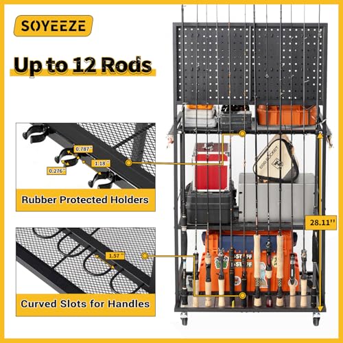 SOYEEZE Large Size Fishing Rod Holders for Garage, 3-Tier Fishing Pole Rack with Pegboard and Hooks, Fishing Gear Tackle Box Organizer Up to 12 Rods, Rolling Fishing Storage Cart with Lockable Wheels