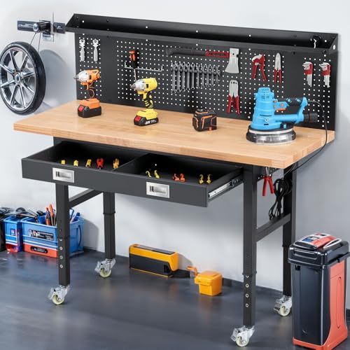 ENJOYWOOD 60" x 22'' Garage Workbench with Wheels Adjustable Height Rubberwood Work Table with Drawers, Pegboard, Power Outlets & LED Light Heavy Duty Rolling Workbench for Workshop & Home