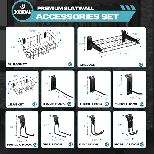 BOBIBAN 24PCS Slatwall Accessories Set, Includes Metal Slatwall Baskets, Shelves and Hooks, Heavy Duty Slat Wall Organizer Kit for Shops, Garage and Room Storage (Black,24pcs)