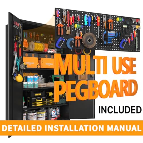 Upgraded Tall & Wide Metal Storage Cabinet with Doors & 4 Adjustable Shelves | Heavy-Duty Black Lockable Garage Cabinet with Wheels & Pegboard for Office, Gym, Basement, Warehouse (Black)
