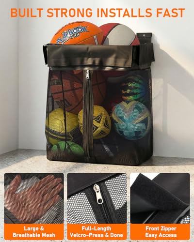 ZORUNNA 2PCS Slatwall Basket with Zipper, 6 PCS Heavy Duty Hooks, 16x15x11 Inch Slatwall Accessories, Easy to Install Garage Storage Mesh Basket for Shop Gym Toy Display Storage.