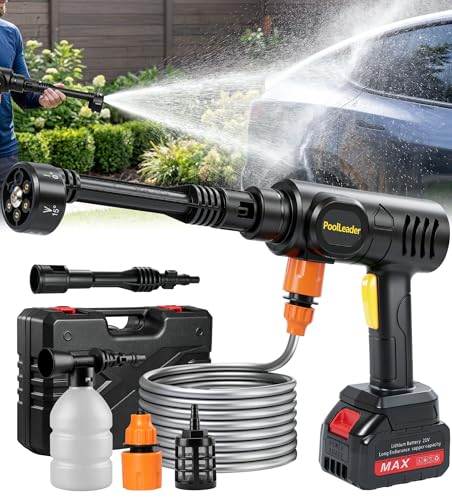 PoolLeader Cordless Car Cleaning Tool, Lightweight Portable Car Cleaner with 6-in-1 Nozzle & Foam Cannon, Battery Operated Cordless Car Wash Spray, Handheld Wash Machine for Car, Patio, Home - Yellow