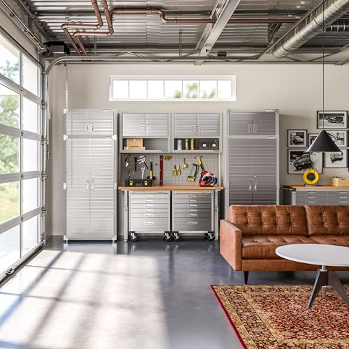 Seville Classics UltraHD 2-Piece Heavy Duty Mega Solid Steel Metal 2-Door Lockable Stacker Wall Storage, Cabinet Set Organizer for Garage, Office, Classroom, Graphite, 30" W x 18" D x 90.5" H