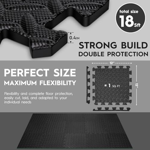 Haulcove 18 Tiles Puzzle Exercise Mat, EVA Interlocking Foam Floor Tiles, Non-Slip, Protective, Water-Resistant Flooring for Home Gym & Workout Equipment, 12.6" x 12.6" x 0.4", 18 Sq Ft, Black