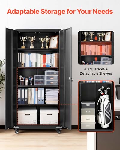 VEVOR Metal Storage Cabinet, 72.6 in Rolling Steel Garage Cabinet with 4 Adjustable Shelves, 2 Magnetic Doors & 2 Keys, 5 Tiers Lockable Tool Storage for Pantry, Warehouse, Basement, Office, Black
