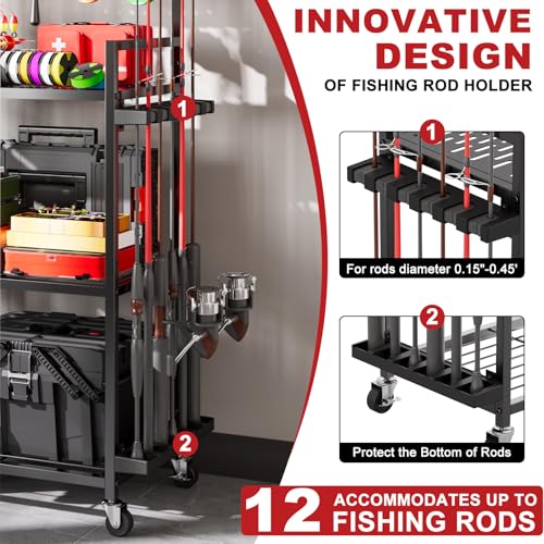 SEEAHEAD Fishing Rod Holders for Garage, Fishing Rod Storage Rack with Hooks & Wheels, Fishing Pole Holder Organizer, Tackle Box & Reel Storage Black