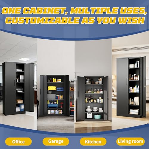 FLIXELIO Metal Storage Cabinet with Adjustable Shelves, 72" Steel Garage Storage Cabinets with Lock and 2 Door, Locking Tool Cabinet Utility Cabinets for Garage, Kitchen, Home Office, School, Shop