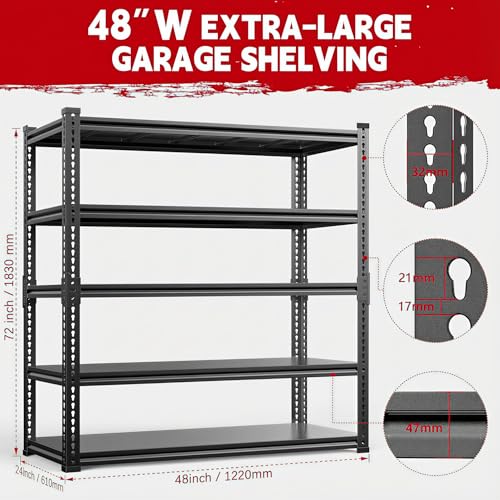 Lauxery 5 Tier Metal Garage Shelving Unit 72x48x24-3000LBS Heavy Duty Storage Rack, Adjustable Boltless Wide Shelves, Freestanding Utility Shelf