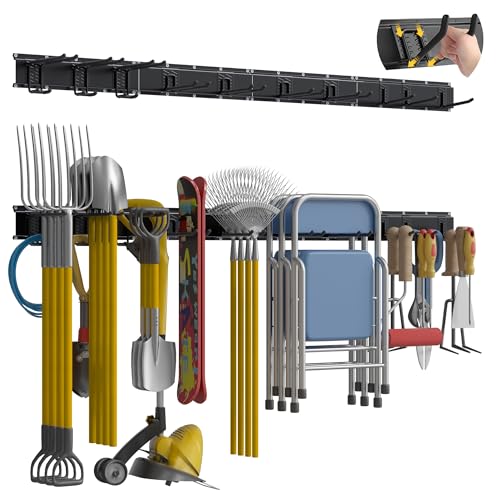 Garage Tool Organizer Wall Mount with 64 inches Rails and 10 Adjustable Heavy-Duty Hooks, Garden Tool Organizer, 14 Pack Carries 630 lbs, Heavy Duty Garage Storage Rack For Yard, Shed, Easy to install