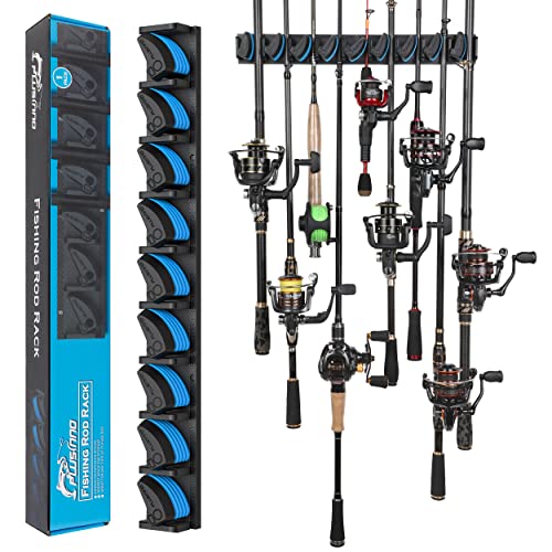 PLUSINNO Vertical Fishing Rod Holder, Wall Mounted Fishing Rod Rack, Fishing Pole Holder Holds Up to 9 Rods or Combos, Fishing Rod Holders for Garage, Fishing Gear and Gifts for Men