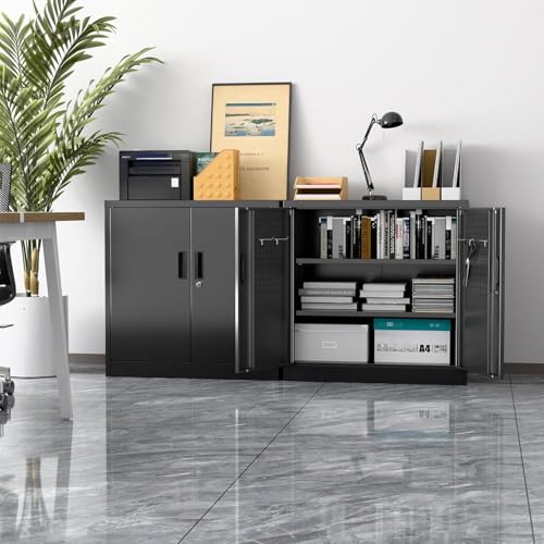 JAORD Metal Storage Cabinet with 2 Lockable Doors and 2 Adjustable Shelves, Locking Garage Storage Cabinet with Pegboard, Small Metal Cabinet with Lock for Garage, Home, Black, Assembly Required