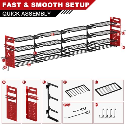 Neatolgrid Large Power Tools Organizer Wall Mount, 16 Drill Holder for Garage, Workshop Heavy Duty Storage Rack(Red)