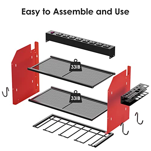 CCCEI Modular Power Tool Organizer Wall Mount with Charging Station. Garage Drill Storage Shelf with Hooks, Heavy Duty Rack, Tool Battery Holder Built in 8 Outlet. Gift for Men. Red, 1 Pack.