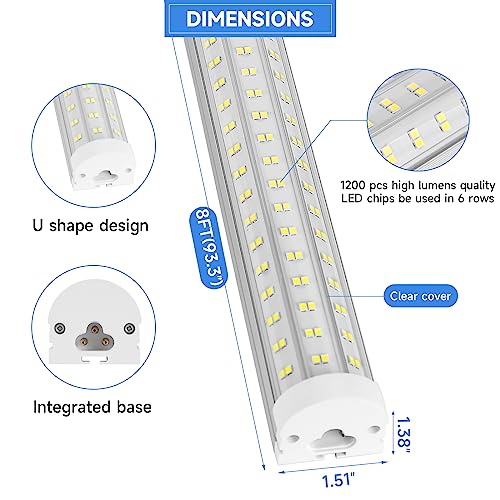 Phiwicsh 8FT U Shape 125W Integrated Tube Bright LED Light, 6500K Clear White, 20000LM - Flush Mount/Hanging Linkable LED Ceiling Lights for Garage, Plug&Play, 6 Pack